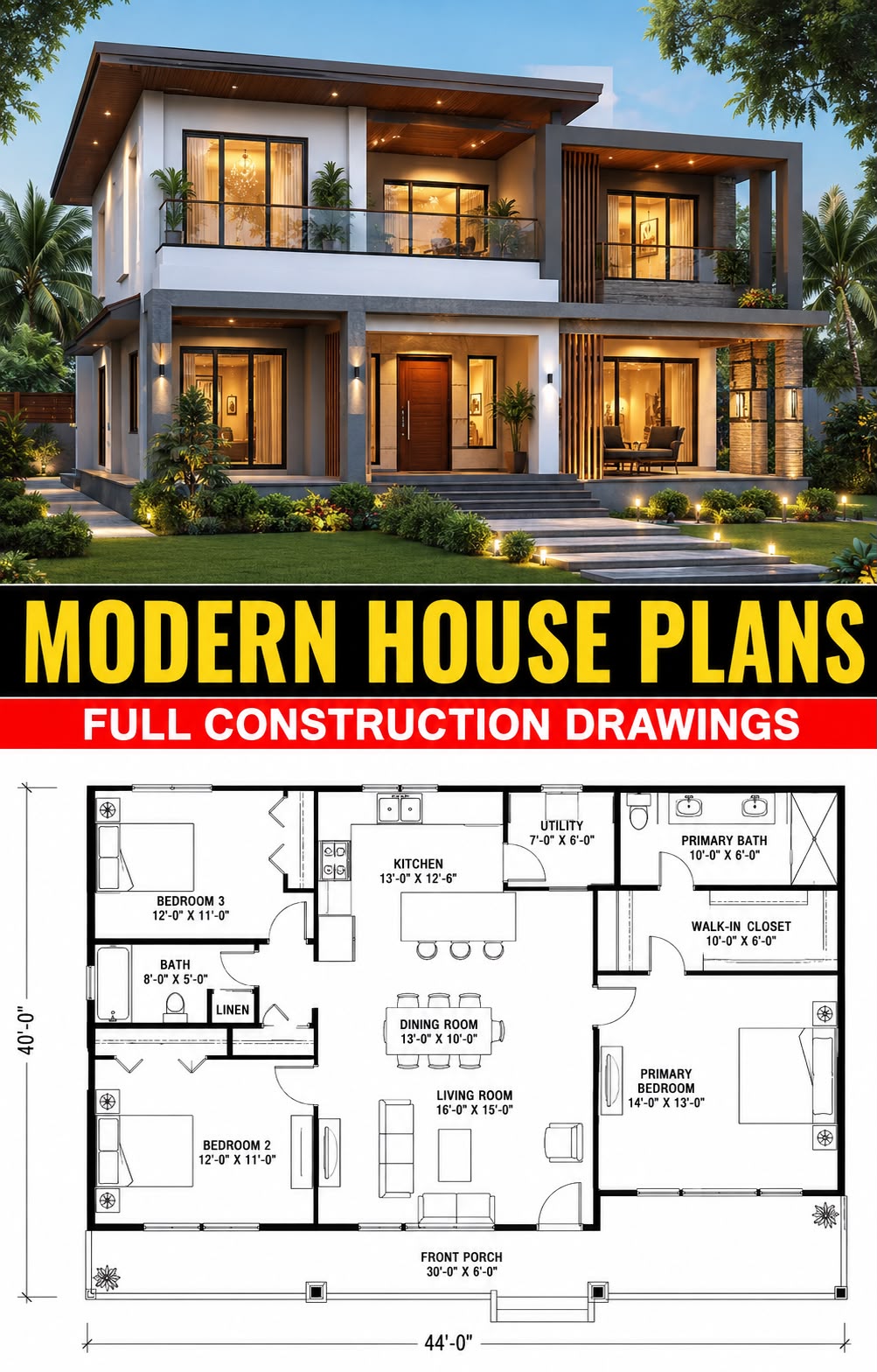 Modern house plan with full construction drawings